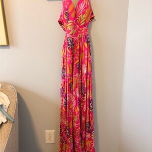 Vibrant Pink Tropical Print Maxi Dress